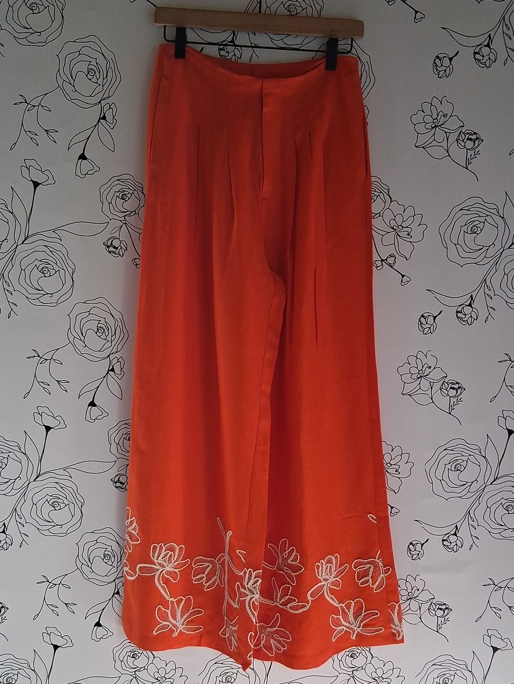 Alex Marie Bright Orange Wide-Leg Pants with White Embroidered Hem 6